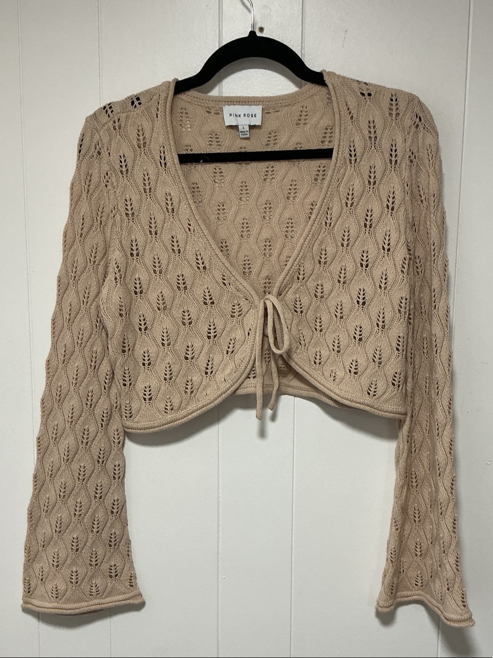 Pink Rose Tan Crochet Tie-Front Bolero